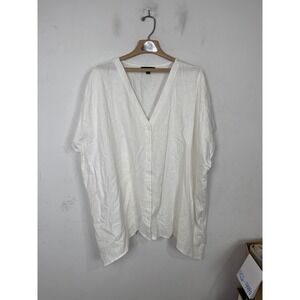 Ellos White Linen Blend Button Front V-Neck Oversized Top Blouse Plus 18/20 L